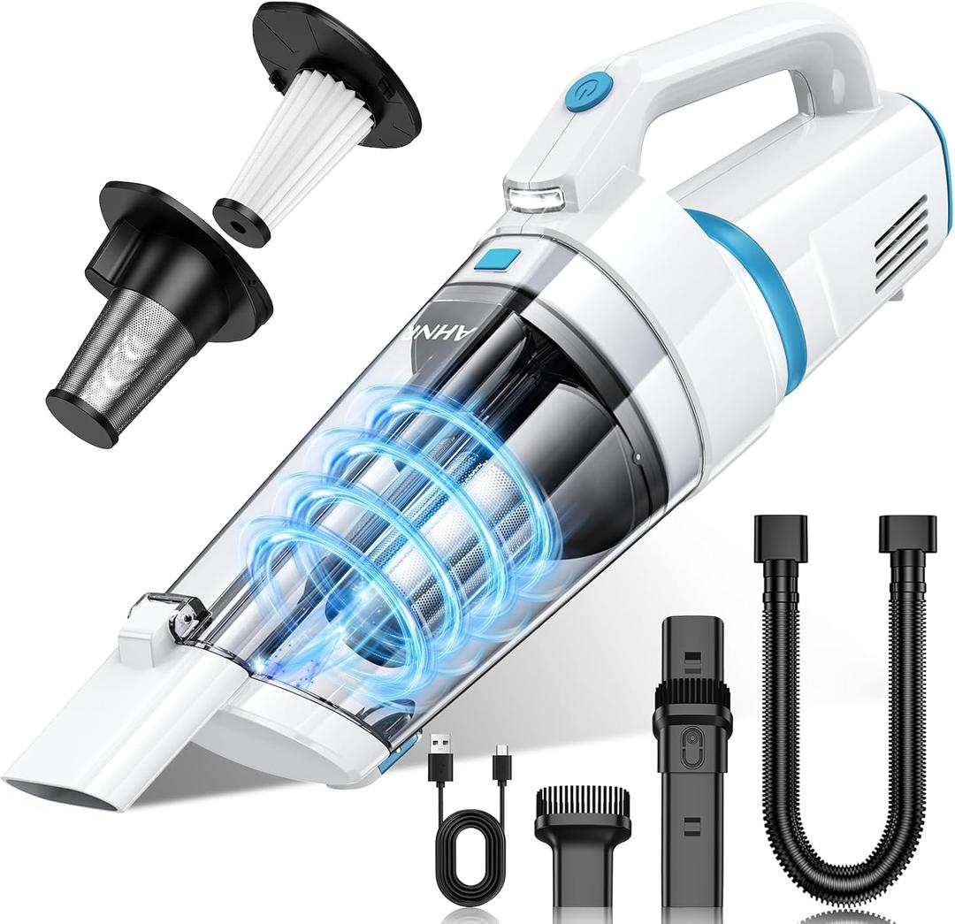 AHNR Handheld Vacuum Cordless, 16000PA Powerful Suction Hand Held Vacuum Dust Busters Cordless Rechargeable with LED Light & 2 HEPA Filters, Portable Car Vacuum Cleaner High Power for Car Home Office (White & Blue)