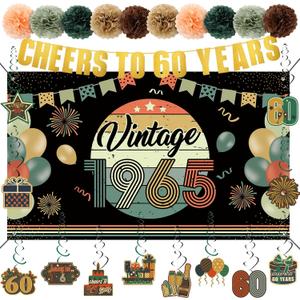 24 Pcs Vintage 60th Birthday Decorations for Men Women 1965 Banner Decorations, Including Back in 1965 Backdrop, Cheers to 60 Years Banner, 12 Hanging Swirl, 10 Paper Poms