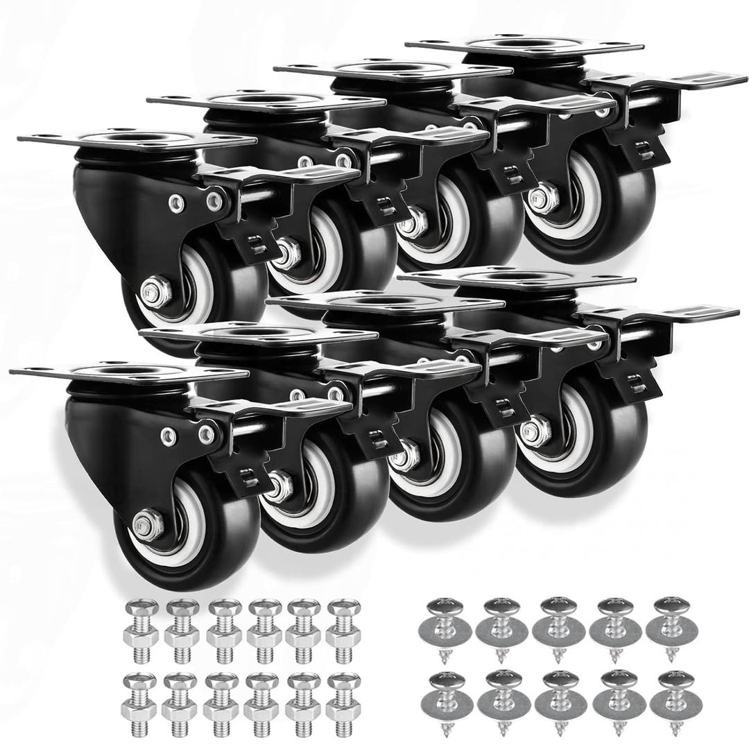 2" Casters Set of 8 Heavy-Duty Industrial Caster Wheels with Brake PU No Noise Wheels with Double Locking and Double Ball Bearing Swivel Locking Casters for Workbench, Furniture, Plate Castors Black