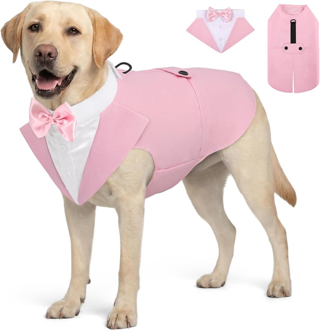 AOFITEE Dog Tuxedo for Large Dogs, Formal Dog Suit and Tie, Gentle Dogs Wedding Party Suit Bow Tie Shirt, Pet Wedding Outfit with Detachable Bowtie Collar for Christmas Halloween Dress Up, Light Pink XL