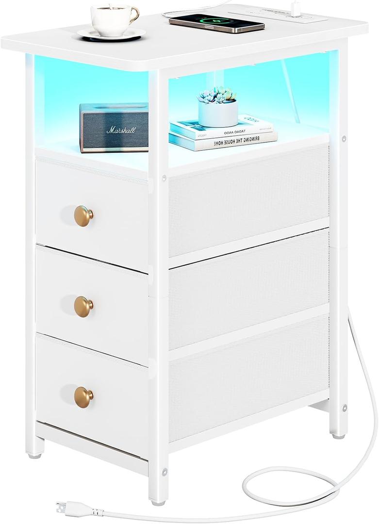 Yoobure End Table with Charging Station, LED Narrow Side Table Bedside Table, Small Night Stand End Tables Living Room, Skinny Nightstand with 3 Fabric Drawers, Side Tables Bedroom for Small Spaces (White)