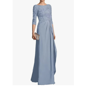 Mother of The Bride Dress 3/4 Sleeve Chiffon Laces Appliques Ruched Formal Evening Gowns, Blue ,18 Plus