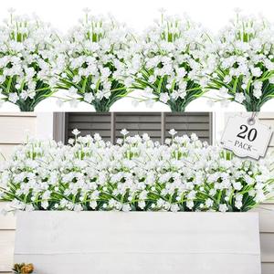 AmyHomie 20 Bundles Artificial Flowers for Outdoor Outside Spring Summer Decoration UV Resistant Faux Flowers No Fade Fake Plastic Plants Garden Porch Window Box Decorating (Pure White)