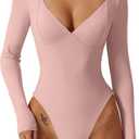 QINSEN Women's Long Sleeve Bodysuit V Neck Body Suits Seamed Cup Going Out Tops Shirt (Pink, Small)