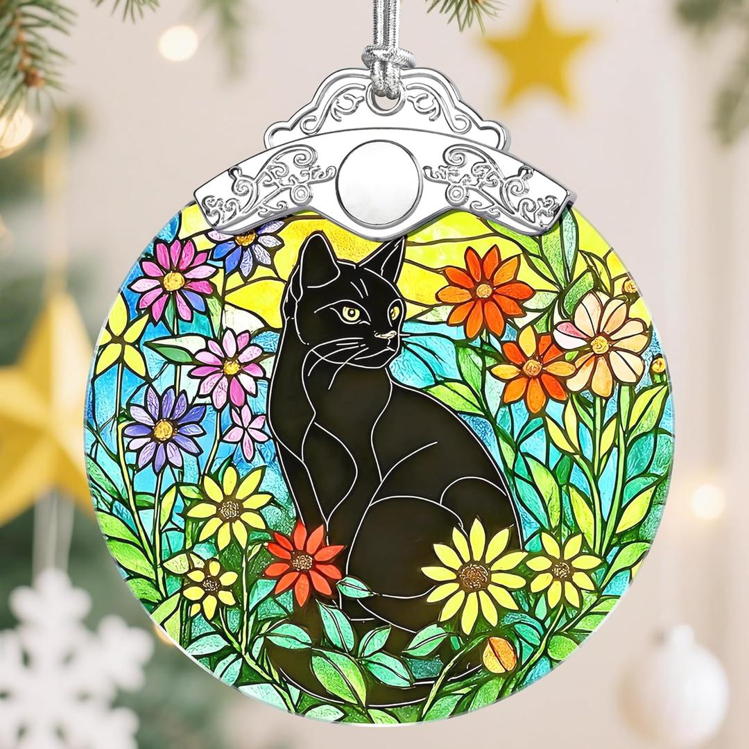 Christmas Ornament, Christmas Tree Ornaments, Keepsake Ornaments, Holiday Decor, Holiday & Xmas Gifts, Gifts for Cat Lovers & Flower Lovers - Black Cat-Theme