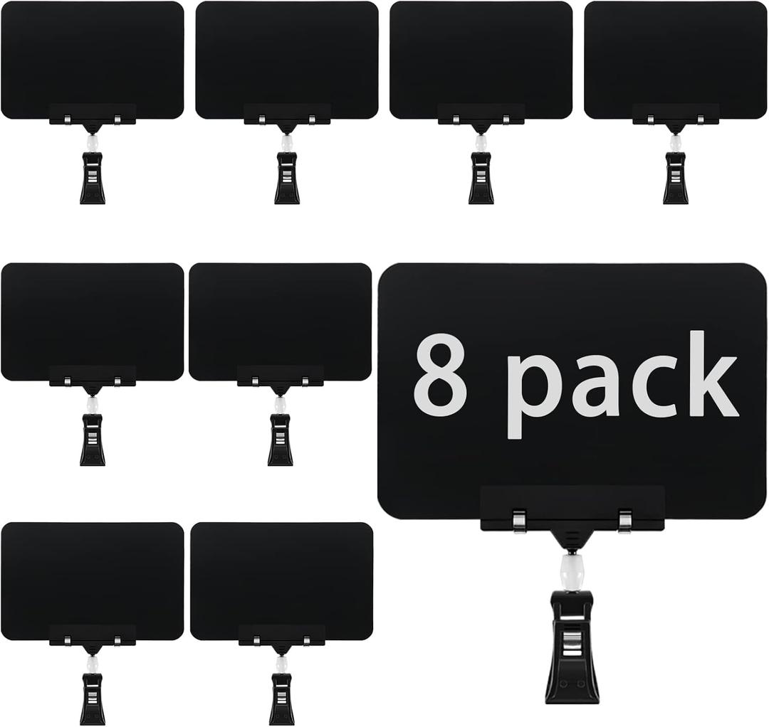 8 Pack Rotating Clip Pop Swivel Sign Rotatable Holding Clamp Sign Holder, Plastic Merchandise Sign Display Clip Holder with 2 Chalk Markers for Food, Store Signs Displays, Black