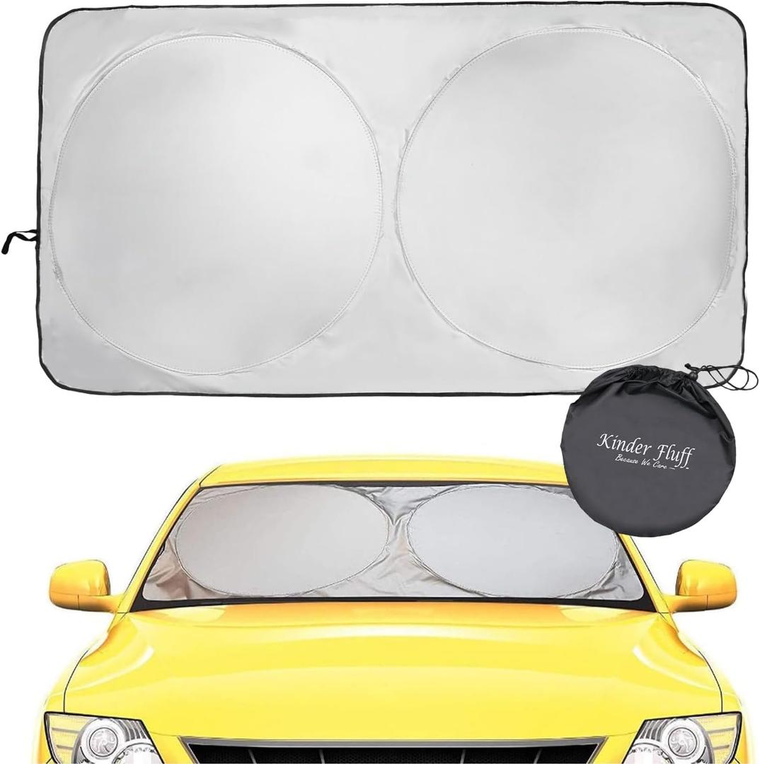 kinder Fluff Patented Windshield Sunshade | Reflective & Foldable Windshield Sun Cover & 99% UV Rays Block | Car Window & Car Interior Accessories Sunshades for Windscreen & Dashboard - S (59x28in)