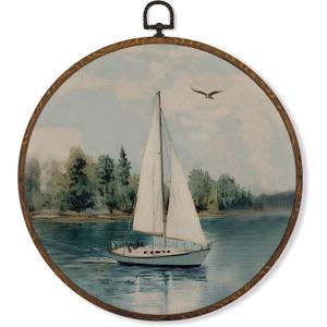 MOTERMATE Vintage Sailboat Nautical Wall Art Decor Round Framed, Coastal Beachy Boat Canvas Wall Art Artwork Prints, Ocean Sail Boat Hanging Decor Decorations for Home Bedroom Bathroom, 10x10 Inch