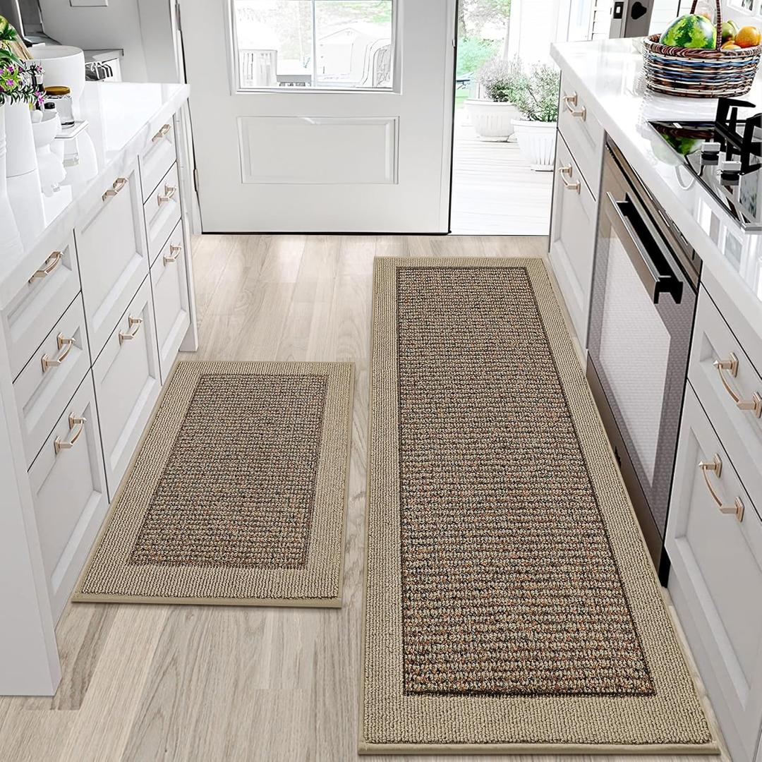 BEQHAUSE Kitchen Rugs and Mats Set of 2 Non-Slip Kitchen Mats for Floor, Absorbent and Stain Resistant Kitchen Runner, Machine Washable Rugs for Kitchen, Laundry & Sink, 24"x36"+24"x60", Taupe