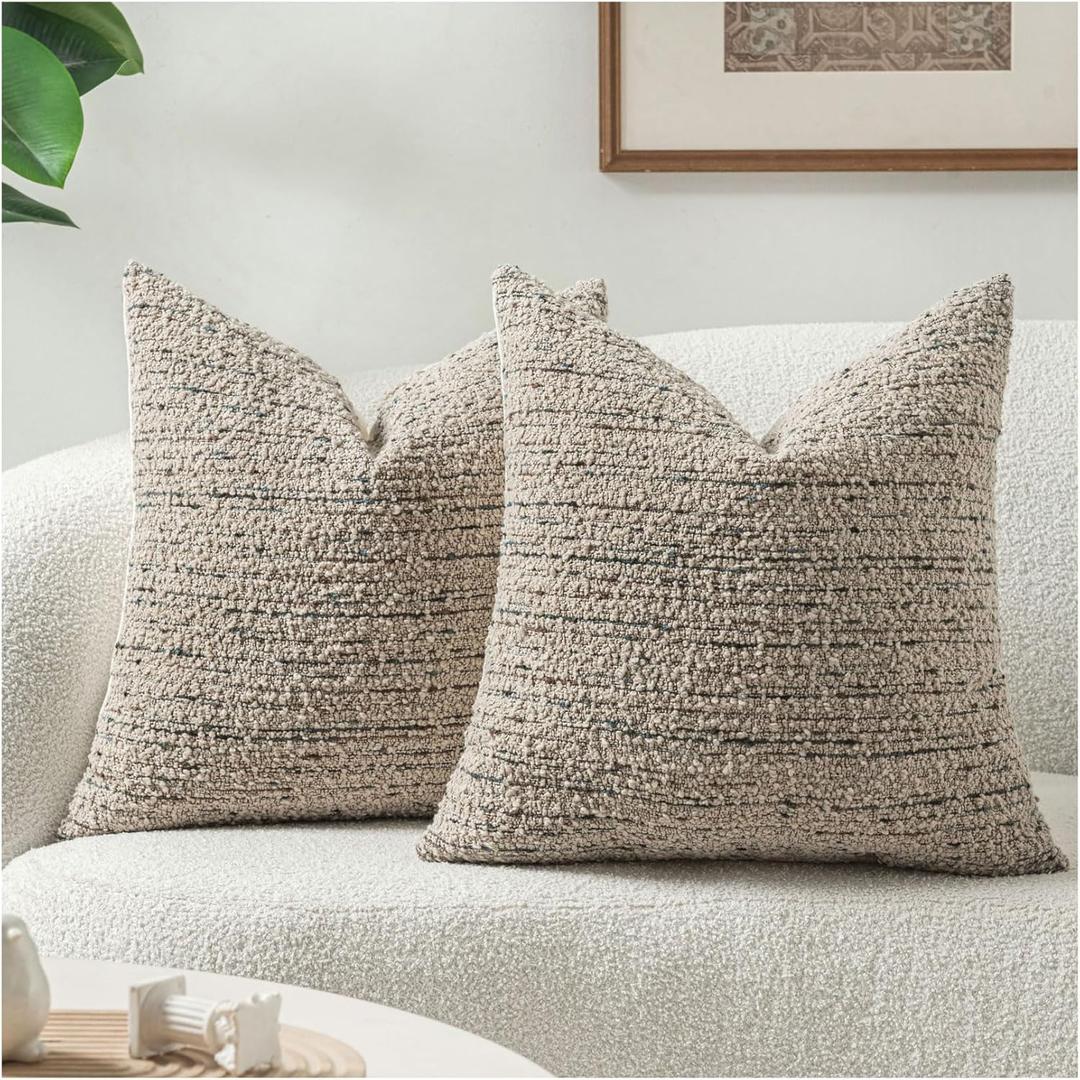 Zealax Textured Boucle Pillow Covers 18x18 Neutral Throw Decorative Pillow Covers for Bed Couch, Luxury Accent Pillow Cases Square Cushion Covers Set of 2, Light Taupe
