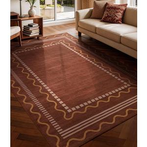 YIHOUSE Burnt Orange Scalloped Bedroom Rugs 5x7, Non-Slip Washable Farmhouse Border Rug for Living Room, Low-Pile Indoor Carpets, Stain-Resistant Vintage Rusty Rugs for Dining Room, Office