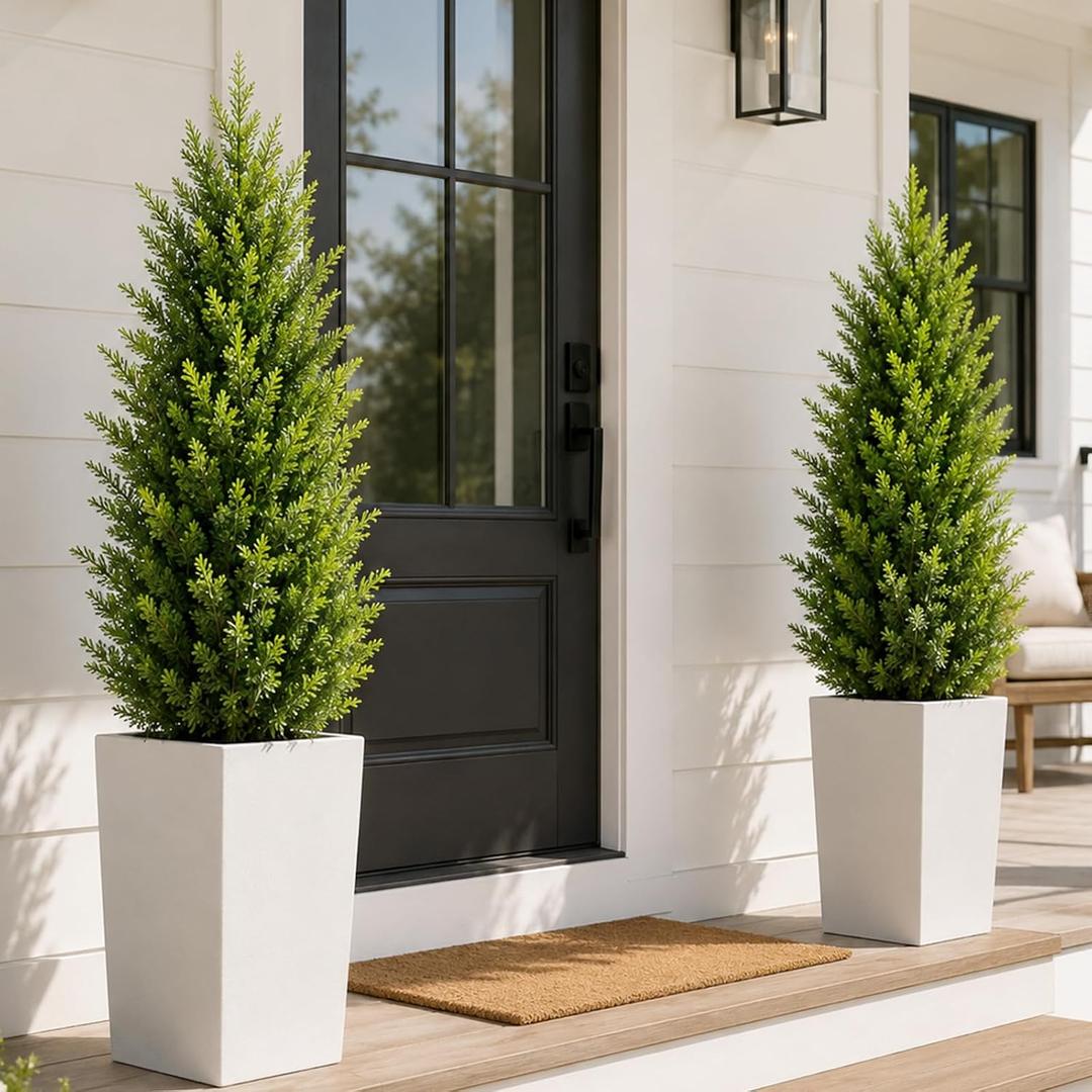 3FT Artificial Topiary Cedar Trees 2 Pack, UV-Resistant Outdoor Faux Pine Shrubs Plants, Realistic Fake Plants Front Porch Decor, Artificial Bushes Cypress for Home Front Door Offices