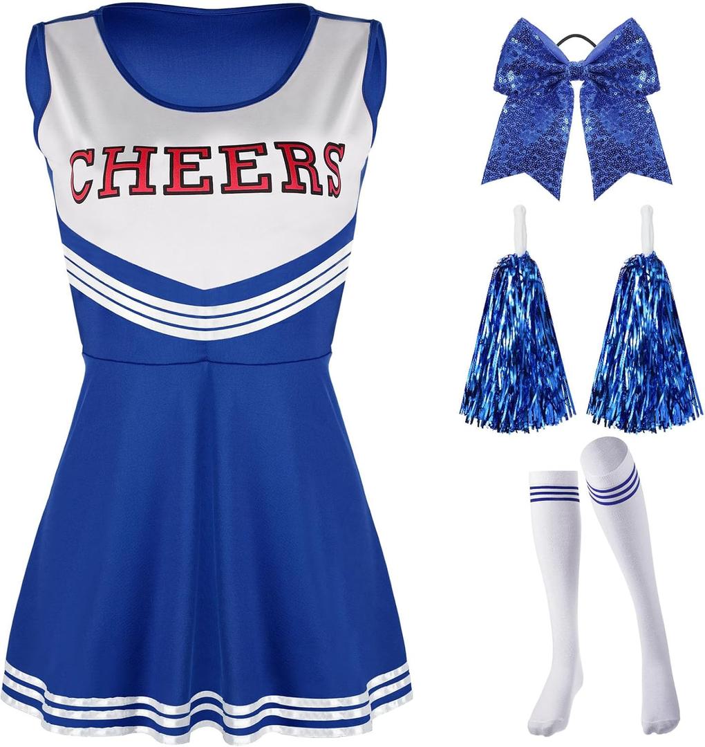 SATINIOR 4 Pcs Cheerleader Costumes for Women Adults Girls Cheer Uniform Outfit for 2025 Halloween (Small, Blue)