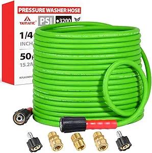 YAMATIC Super Flexible Pressure Washer Hose 50FT for Power Washer Replacement, Kink Resistant Extension With Leak-Free M22 Female & 3/8" Quick Connect Adapters, 1/4" 3200 PSI, Green