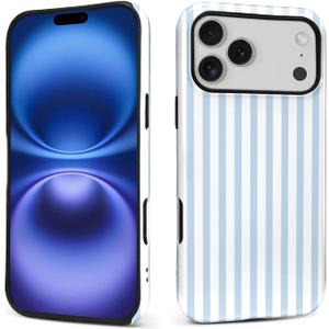 Compatible with iPhone 17 Pro Max Case,Glossy 2-in-1 Sleek All-Inclusive Dual-Layer Material Soft TPU + PC Back for Blue Stripes Geometric Pastel Summer Beach