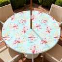 Round Outdoor Tablecloth with Umbrella Hole and Zipper, Elastic Fitted Waterproof Patio Tablecover for Garden Patio Backyard Picnic BBQ, Fits 37"-44" Round Table, Flamingo Floral