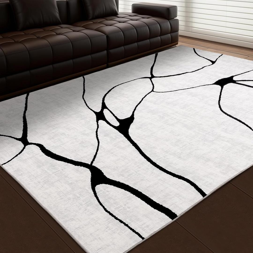 YIHOUSE Abstract Black and White Area 6'x9' - Washable Non-Slip Ultra-Thin Rug, Stain Resistant Low Pile Soft Rug for Living Room Bedroom, Modern Home Decor Conceals Floor Scratches