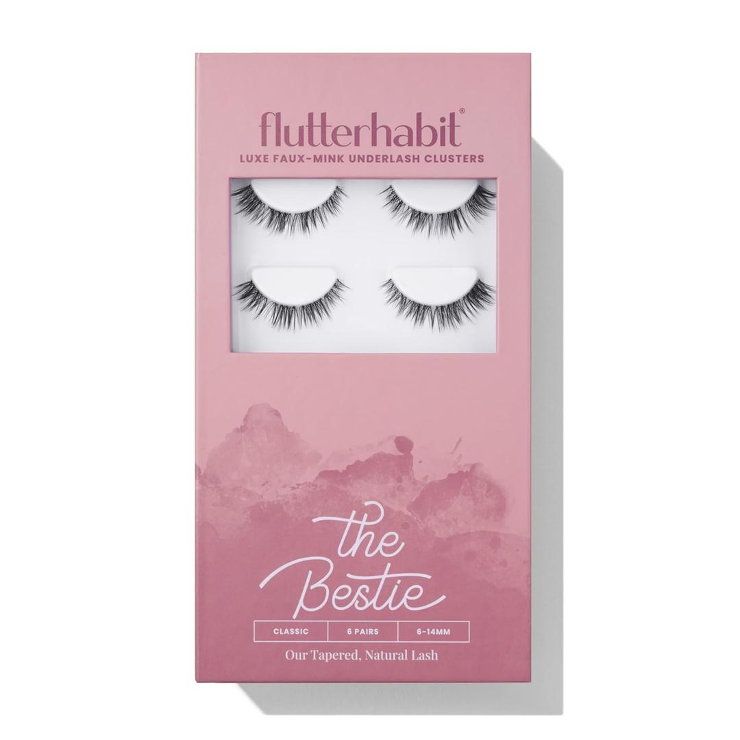 FlutterHabit The Bestie prepTECH Classic 6 Pair Underlash Extensions, 614mm Tapered Lash Clusters, Reusable Under Lash Eyelashes for At Home Application, Light Volume Cat Eye, Adhesive Required