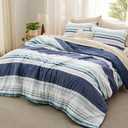 Bedsure Comforter Set Queen Size - Striped Bedding Comforter Set for Boys, 3 Pieces, 1 Soft Reversible Blue Comforter and 2 Pillow Shams (05 - Navy Blue)