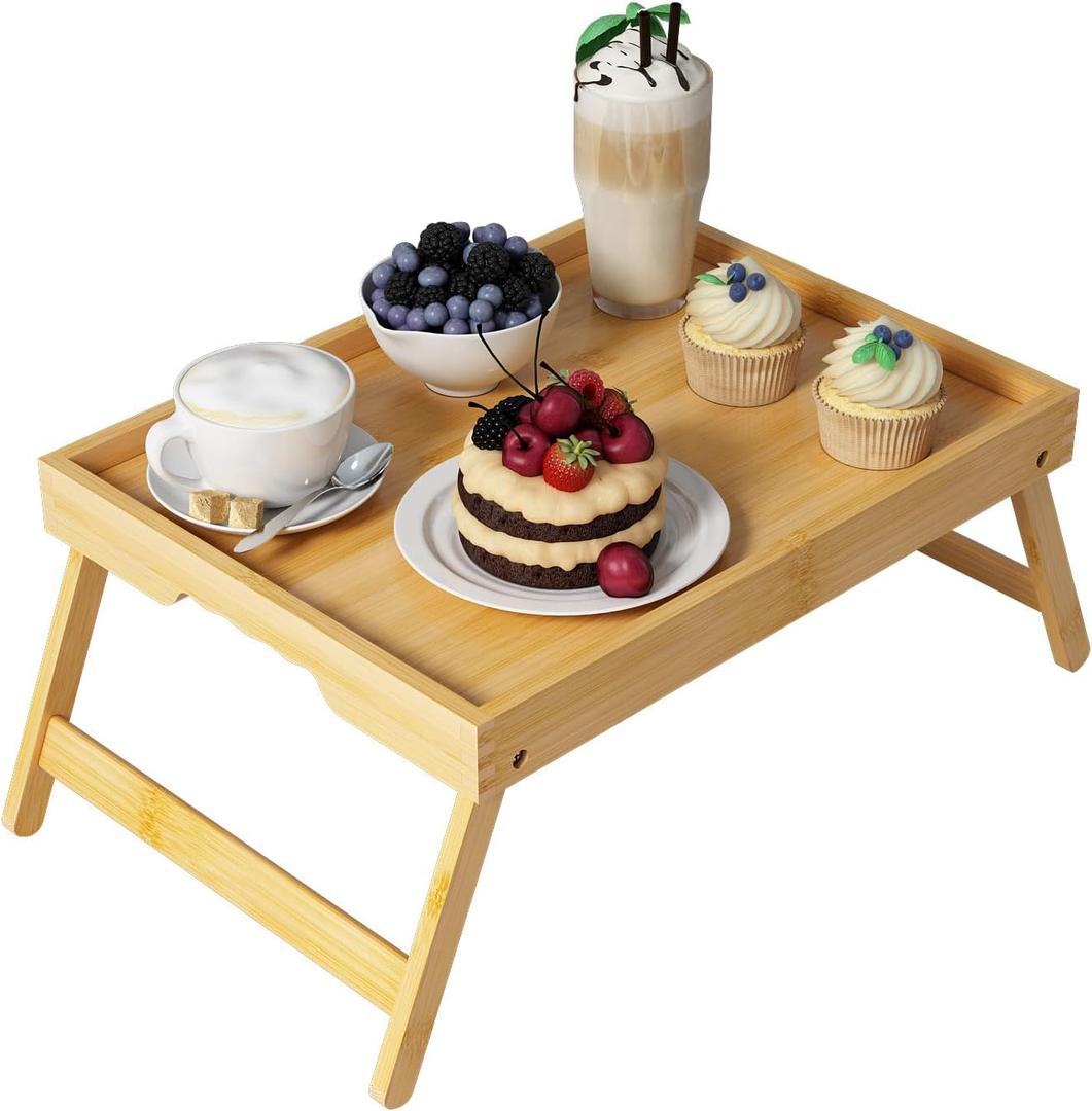Youpehom Bed Tray Table with Folding Legs,Bamboo Breakfast in Bed for Kitchen Serving Tray,Sofa,Eating,Used As Laptop Desk Snack Tray (Bamboo, Medium)