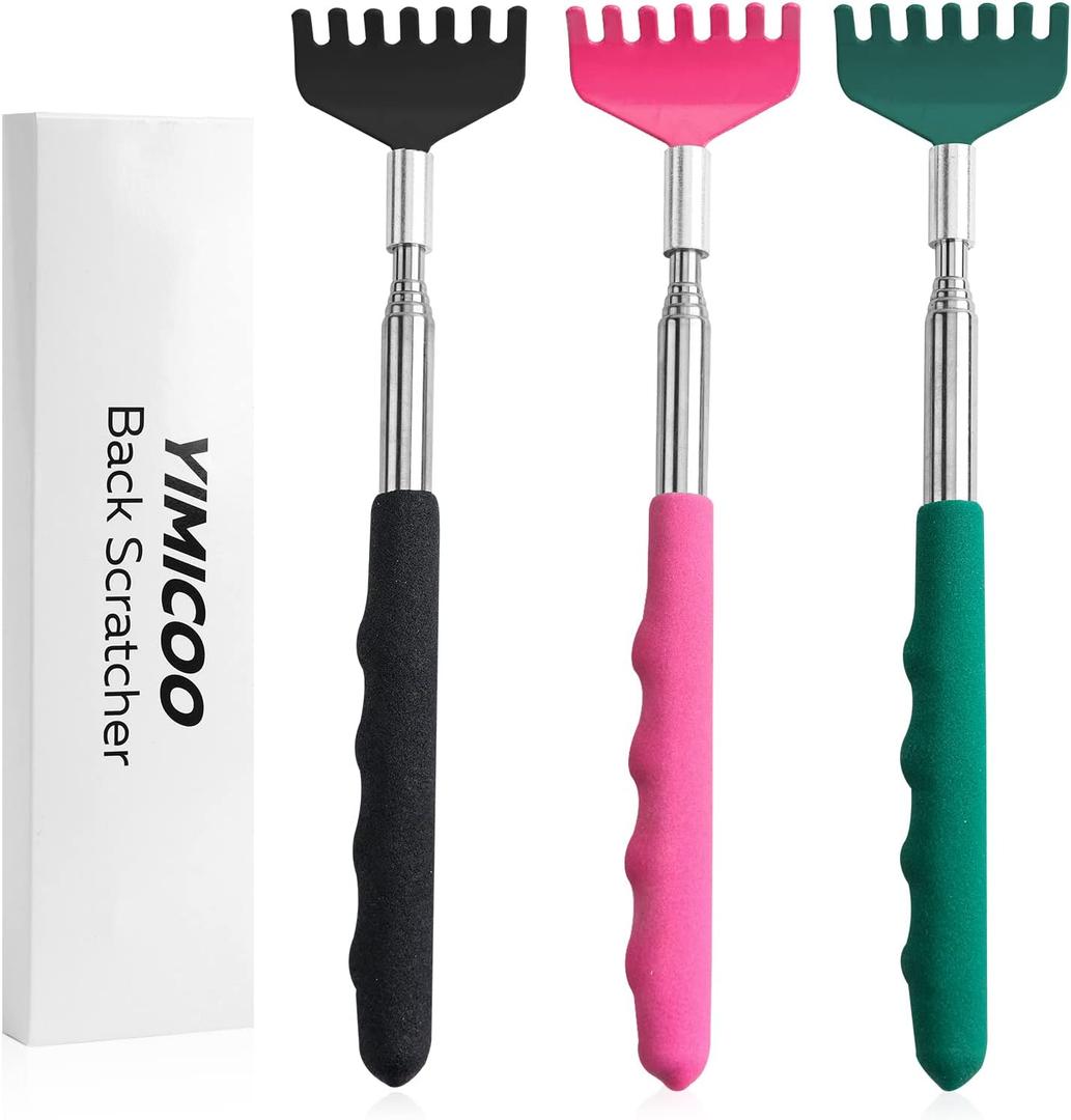 3 Pack Extendable Back Scratcher, Stainless Steel Portable Telescoping Back Scratchers for Adults Men Women, with Rubber Handles