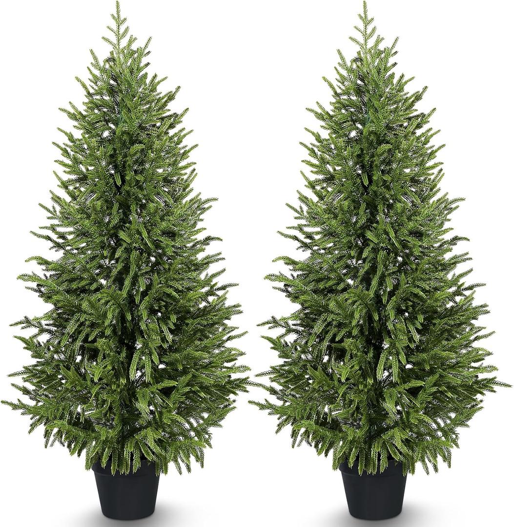4ft 2Pack Artificial Cedar Topiary Trees 2 Pack,Real Touch Cedar Tree Faux Plants Potted UV Resistant Evergreen Tree for Outdoor Indoor Door Garden Farmhouse Home Decoration