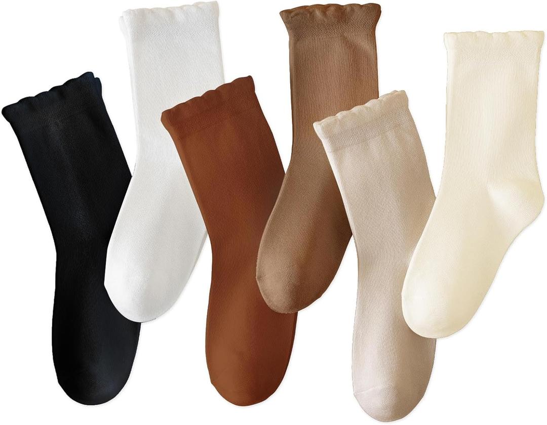 ANYANIME 6 Pack Girls White Dress Scallop Socks for Toddlers and Kids - Cute Cotton (7-9 Years, 6 Pairs Multicolor 2)