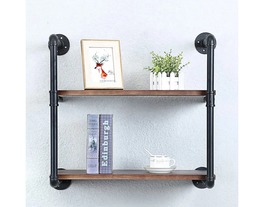 Industrial Pipe Shelving Wall Mounted,24in Rustic Metal Floating Shelves,Steampunk Real Wood Book Shelves,Wall Shelf Unit Bookshelf Hanging Wall Shelves,Farmhouse Kitchen Bar Shelving(2 Tier)