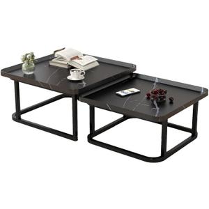 Square Coffee Tables Living Room Set of 2, Nesting Walnut Coffee Table with Fluted, End Tables for Bedroom Office Balcony Yard (23.5"+19.5" Black)