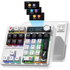 Womier SK30 Mechanical Numpad, Mini Keyboard with Screen & Knob, Bluetooth/2.4G/USB-C Wireless Numeric Keypad, Macro Software RGB Number Pad Hotswap, Rechargeable Number keypad for Mac Windows,White