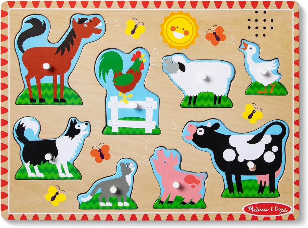 Melissa & Doug Farm Animals Sound Puzzle 8-Piece Wooden Peg Puzzle with Light-Activated Sounds, Music Learning Toy for Toddlers and Preschoolers Ages 2+