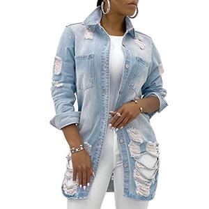 sexycherry Denim Light Blue Jackets for Women Casual Classic Distressed Long Sleeve Botton Down Trucker Jeans Ripped Coat Outwear(3X-Large)