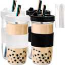 Youeon 4 Pack 24 Oz Reusable Boba Cups with Lids and Straw, Iced Coffee & Smoothie Cups, Bubble Tea & Mason Jar Style with Silicone Sleeve, BPA Free, Dishwasher Safe, 2 Colors