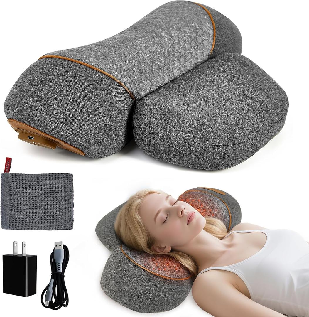 3-in-1 Rechargeable Neck Massager Pillow with Heat, Vibration & Traction, Deep Tissue Pain Relief, Neck Hump Corrector & Cervical Support for Home Office Travel
