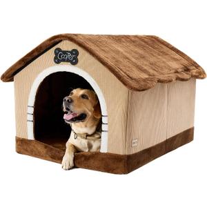 Jiupety Indoor Dog House with Frame, Large Dog Cave Bed, Insulated Cozy, Suitable for 50-90 lb, Jumbo (38"30"28"), Brown