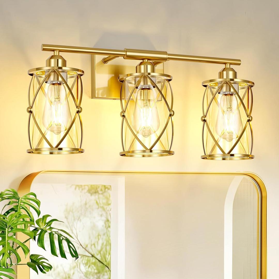 3-Light Brushed Gold Bathroom Light Fixtures, 21 Inch Modern Bathroom Vanity Lighting Fixtures Over Mirror with Clear Glass and Metal Cage Wall Sconce Lights for Bath, E26, CH9176BG-3W, Gold + Clear Glass