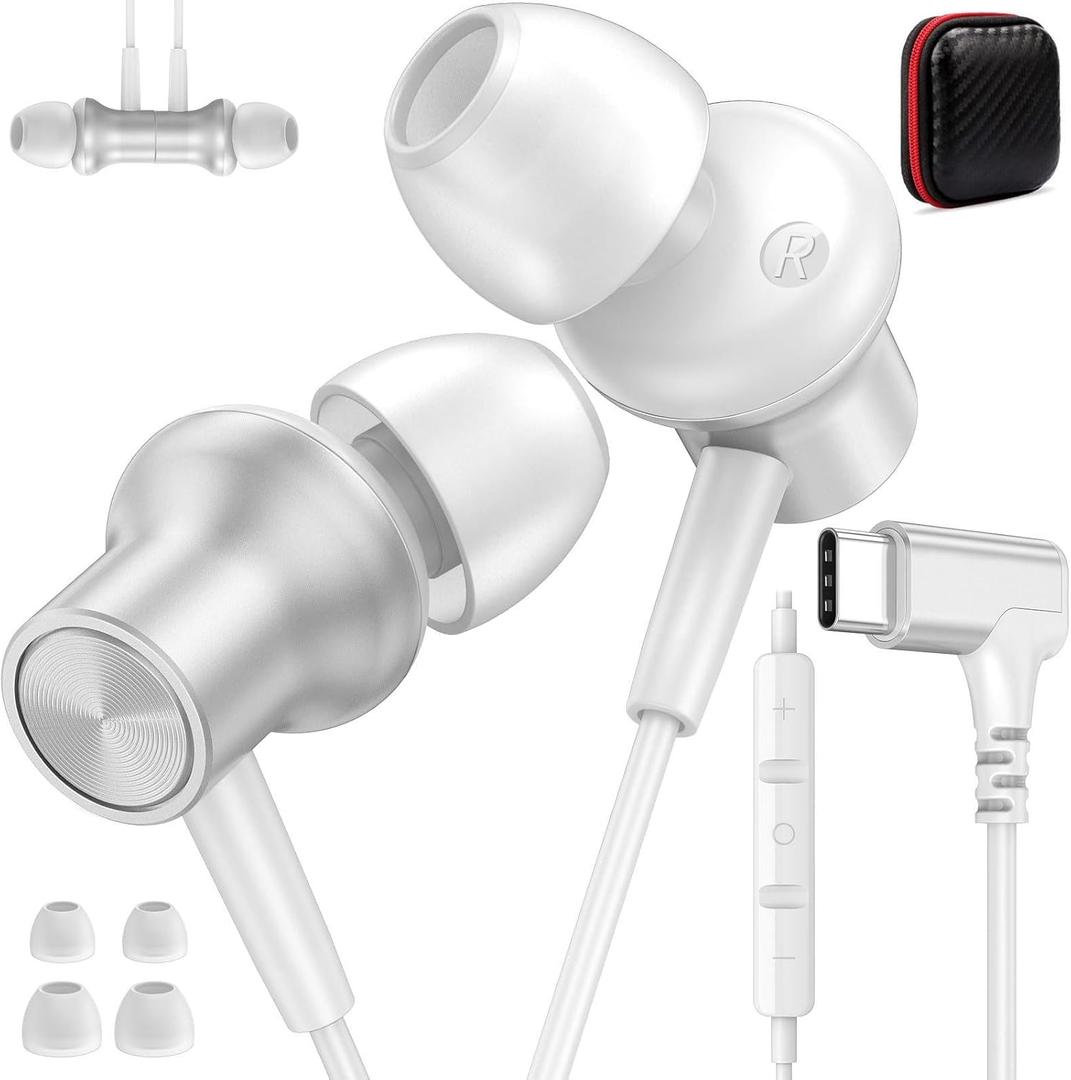 USB C Headphones Wired for iPad Pro/iPhone 17 Pro Max Air 16 15 Plus, 90 Right Angle Type C Earphones with Mic Stereo Magnet in Ear Wired Earbud for Samsung S26 S25 S24 Ultra S23 FE/Pixel 10, Silver