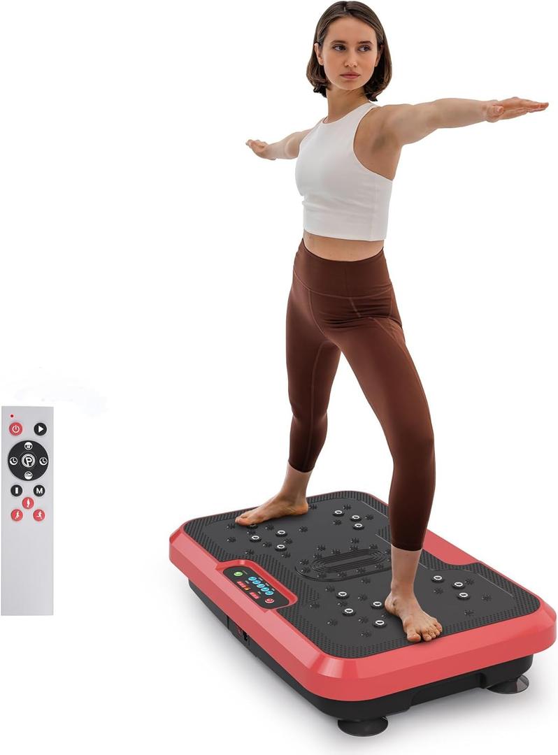 Vibration Plate Exercise Machine with Remote Control - Full Body Workout Platform with 200 Speed Settings for Weight Loss & Muscle Toning - Quiet Home Fitness Equipment, Supports 330lbs (Red)