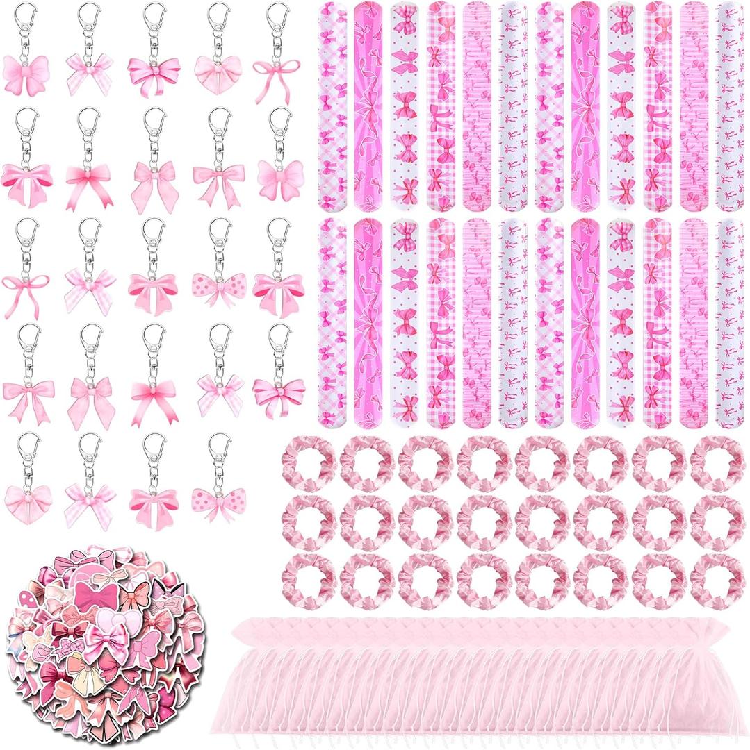 Demonwer 170 Pcs Pink Bow Party Favor 24 Bow Keychain 24 Pink Hair Tie 24 Snap Bracelet 50 Stickers and 24 Greeting Cards Cute Exchange Gift 24 Organza Bags for Valentine's Party Favor Supplies