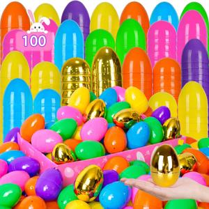 [6 Golden Eggs] 100 PCS 3" Fillable Plastic Easter Eggs Empty Easter Eggs Colorful Plastic Eggs Bulks for Kids Teens Boys Girls Easter Basket Stuffers Hunt Easter Party Favor