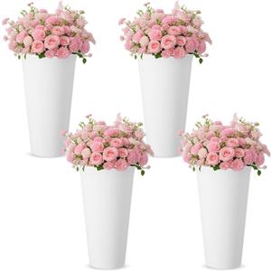 4 Pack Flower Buckets 9.84 Inch Plastic Flower Vases Modern Round Vases for Centerpieces Floral Display Decorative Buckets for Table Home Wedding Decorations (White)