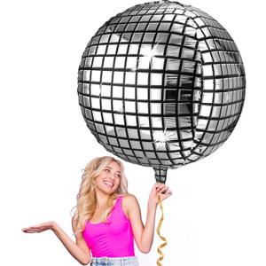 Leitee 2 Pcs 32 Inch Big Disco Ball Balloon 70s Disco Balloons Party Decoration Large 4d Aluminum Foil Inflatable Ball Giant Silver Metallic Mirror Decor for Valentine Wedding Birthday Dance Party