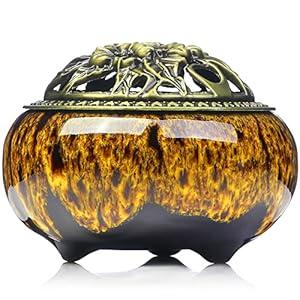 LamDawn Incense Burner with Calabash Incense Stick Holder - Porcelain Charcoal Censer for Use with Resin Granular Powder Cone or Coil Incense (Kiln-Colored Yellow)