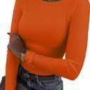 Roselux Womens Long Sleeve Stretch Crewneck Ribbed T-Shirt Fitted Casual Basic Tops (Medium, Orange)