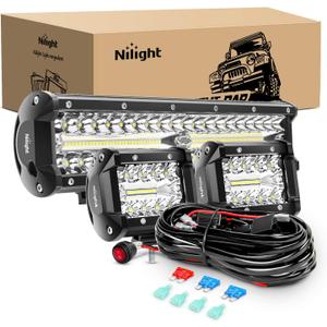 Nilight LED Light Bar Set, 12 Inch 300W Triple Row Spot Flood Combo Work Driving Lamp, 2 Pcs 4 inch 60 W with Wiring Harness for Off road ATV Boat Lighting