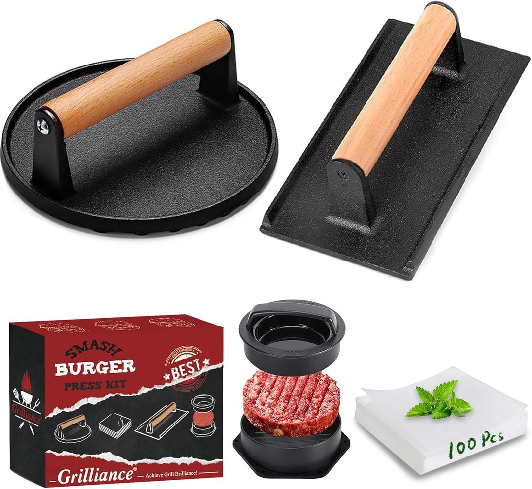 Grilliance 5pcs Smash Burger Press Kit, 3 in 1 Hamburger Press Patty Maker, Cast Iron Burger Press Round & Rectangle, 100pcs Wax Paper for Grill, Griddle, Flat top, Kitchen, Cooking