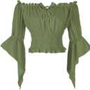 Womens Renaissance Peasant Blouse Off Shoulder Trumpet Sleeve Tops (Small, Green)