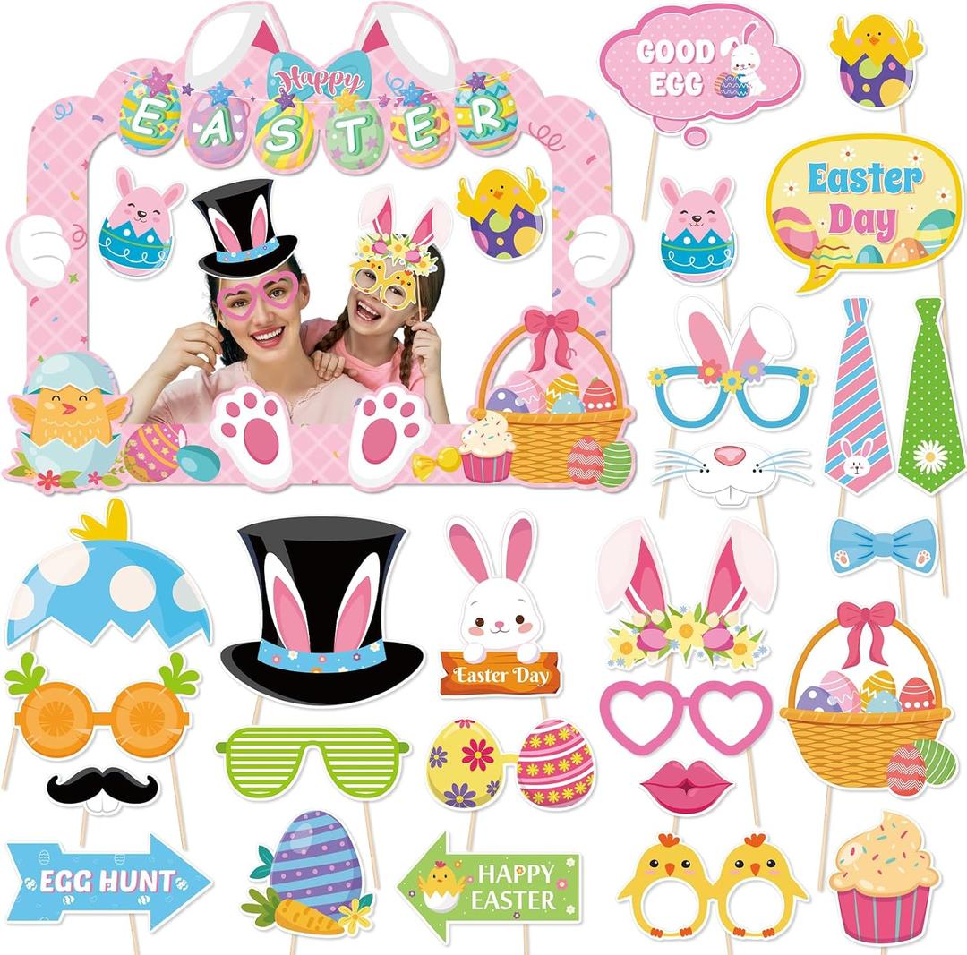HOWAF Happy Easter Photo Booth Props, 25pcs Easter Photo Props with Easter Photo Frame Easter Egg Bunny Party Decorations for Spring Easter Photography Easter Selfie Props Easter Picture Props