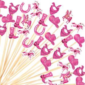 Didaey 100 Pcs Cowboy Cocktail Picks Cowgirl Toothpicks for Appetizers Bamboo Cocktail Skewers Wild West Food Picks Drinks Dessert Sticks Cupcake Toppers for Horse Western Theme Party(Cowgirl)