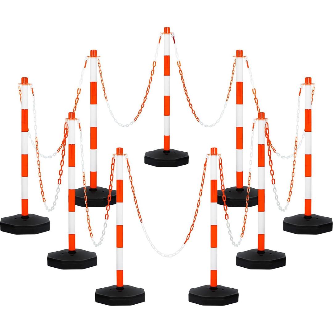 Amylove 9 Packs Traffic Delineator Post Cone with Base, Traffic Cones Safety Cones Caution Cones Plastic Stanchion Chain Safety Barriers with 6.6 Feet Link Chain and S Hooks for Parking Lot (Orange)